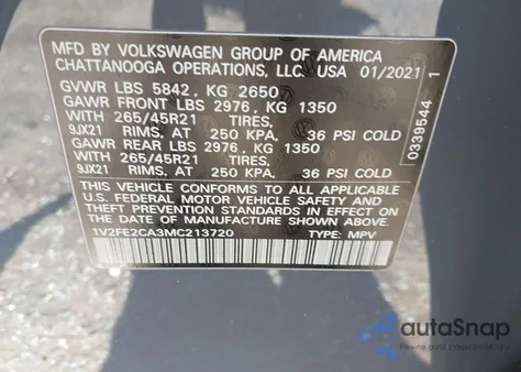 2021 Volkswagen Atlas Cross Sport 3.6L V6 Sel Premium R-Line z USA, uszkodzony, nr VIN 1V2FE2CA3MC213720